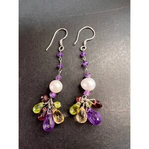 Multi gemstone cluster dangle earrings in sterling silver